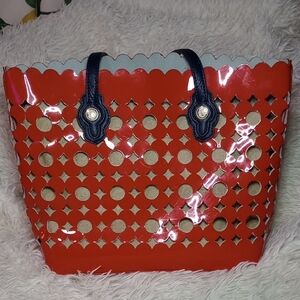 Spartina 449 Red and Gold Tote with Navy Handles